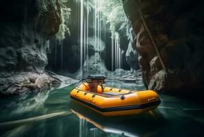 caucho barco debajo el amable fluir de un cascada. exposición prolongada. generativo ai foto