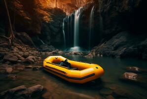 caucho barco debajo el amable fluir de un cascada. exposición prolongada. generativo ai foto