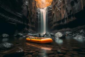 caucho barco debajo el amable fluir de un cascada. exposición prolongada. generativo ai foto