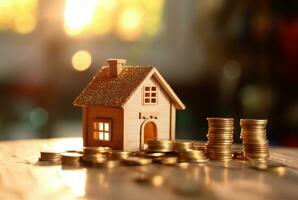 Pile of coins and miniature house on wooden table against blurred background of sunlight. future investment concept. generative ai photo