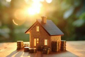 Pile of coins and miniature house on wooden table against blurred background of sunlight. future investment concept. generative ai photo