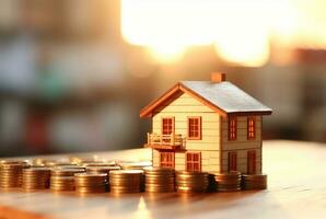 Pile of coins and miniature house on wooden table against blurred background of sunlight. future investment concept. generative ai photo