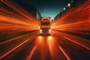 Truck driving on highway at night, blurred motion speed car lights. ai generative photo