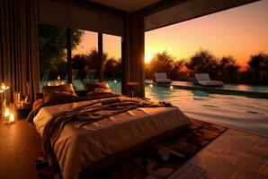 luxury bedroom with views of the pool and sunset in the evening. ai generative photo