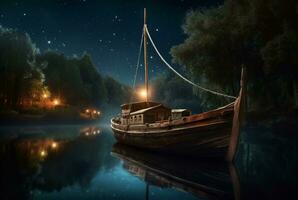 wooden boat on the river with the beauty of the night sky. ai generative photo