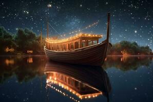 wooden boat on the river with the beauty of the night sky. ai generative photo