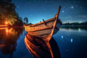 wooden boat on the river with the beauty of the night sky. ai generative photo