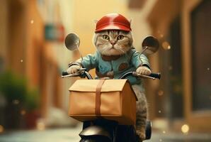 the cat is delivering orders on a motorcycle. ai generative photo