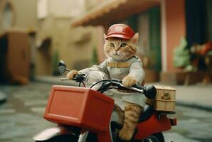 the cat is delivering orders on a motorcycle. ai generative photo