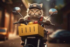 the cat is delivering orders on a motorcycle. ai generative photo