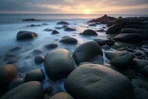 Beautiful sea views with relaxing and gentle rocks and waves. long exposure photography. generative ai photo