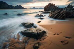 Beautiful sea views with relaxing and gentle rocks and waves. long exposure photography. generative ai photo