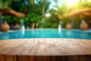 empty wooden table with blurred background of swimming pool and sunlight, for podium product display. generative ai photo