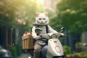 the cat is delivering orders on a motorcycle. ai generative photo