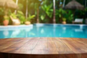 empty wooden table with blurred background of swimming pool and sunlight, for podium product display. generative ai photo