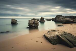 Beautiful sea views with relaxing and gentle rocks and waves. long exposure photography. generative ai photo