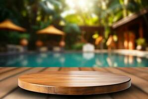 empty wooden table with blurred background of swimming pool and sunlight, for podium product display. generative ai photo