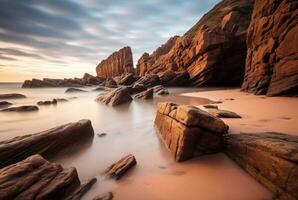 Beautiful sea views with relaxing and gentle rocks and waves. long exposure photography. generative ai photo