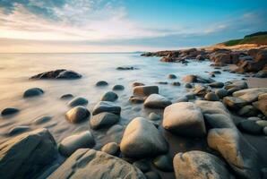 Beautiful sea views with relaxing and gentle rocks and waves. long exposure photography. generative ai photo