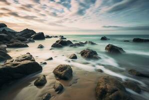 Beautiful sea views with relaxing and gentle rocks and waves. long exposure photography. generative ai photo