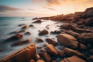 Beautiful sea views with relaxing and gentle rocks and waves. long exposure photography. generative ai photo