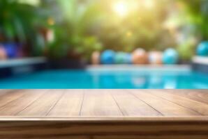 empty wooden table with blurred background of swimming pool and sunlight, for podium product display. generative ai photo