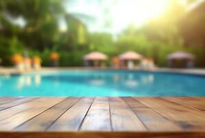 empty wooden table with blurred background of swimming pool and sunlight, for podium product display. generative ai photo