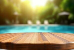 empty wooden table with blurred background of swimming pool and sunlight, for podium product display. generative ai photo