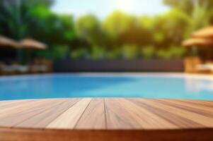 empty wooden table with blurred background of swimming pool and sunlight, for podium product display. generative ai photo