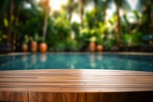 empty wooden table with blurred background of swimming pool and sunlight, for podium product display. generative ai photo