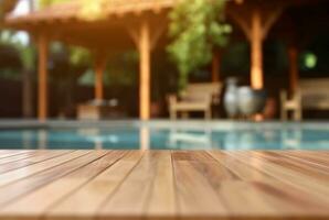 empty wooden table with blurred background of swimming pool and sunlight, for podium product display. generative ai photo