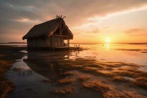 beautiful view of the hut on the beach with sunset in the evening. generative ai photo