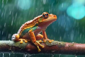 javanés árbol rana sentado en un rama con hermosa borroso antecedentes y gotas de lluvia. generativo ai foto