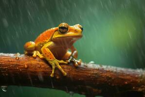 javanés árbol rana sentado en un rama con hermosa borroso antecedentes y gotas de lluvia. generativo ai foto