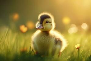 cute ducklings in the garden with blurred background and sunlight. generative ai photo