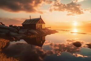 beautiful view of the hut on the beach with sunset in the evening. generative ai photo