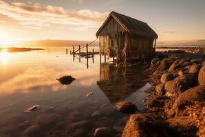 beautiful view of the hut on the beach with sunset in the evening. generative ai photo