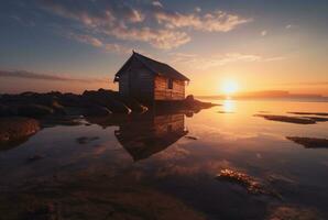 beautiful view of the hut on the beach with sunset in the evening. generative ai photo