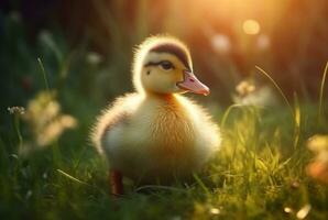 cute ducklings in the garden with blurred background and sunlight. generative ai photo