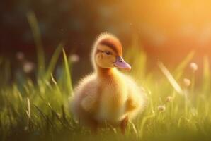 cute ducklings in the garden with blurred background and sunlight. generative ai photo