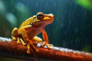 javanés árbol rana sentado en un rama con hermosa borroso antecedentes y gotas de lluvia. generativo ai foto