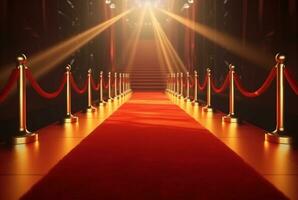 rojo alfombra pasillo con barreras y rojo cuerdas para cine y Moda premios, un ceremonia para famosos personas generativo ai foto