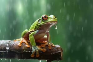 javanés árbol rana sentado en un rama con hermosa borroso antecedentes y gotas de lluvia. generativo ai foto