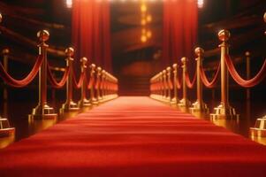 Red Carpet hallway with barriers and red ropes for Cinema and Fashion awards, a ceremony for celebrities persons. Generative AI photo