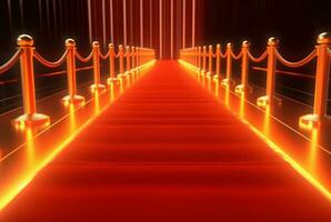 rojo alfombra pasillo con barreras y rojo cuerdas para cine y Moda premios, un ceremonia para famosos personas generativo ai foto