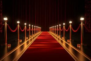 Red Carpet hallway with barriers and red ropes for Cinema and Fashion awards, a ceremony for celebrities persons. Generative AI photo