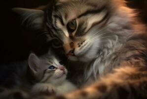 closeup of kitten with cute mother cat. generative ai photo