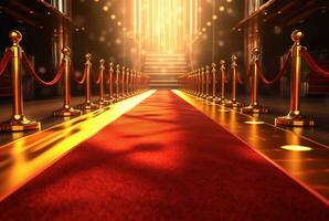 rojo alfombra pasillo con barreras y rojo cuerdas para cine y Moda premios, un ceremonia para famosos personas generativo ai foto