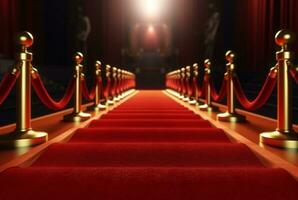 Red Carpet hallway with barriers and red ropes for Cinema and Fashion awards, a ceremony for celebrities persons. Generative AI photo