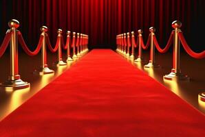 rojo alfombra pasillo con barreras y rojo cuerdas para cine y Moda premios, un ceremonia para famosos personas generativo ai foto